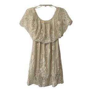 Jen’s Pirate Bootie Sheer Lace Mesh Off The Shoulder Dress in Cream Bride